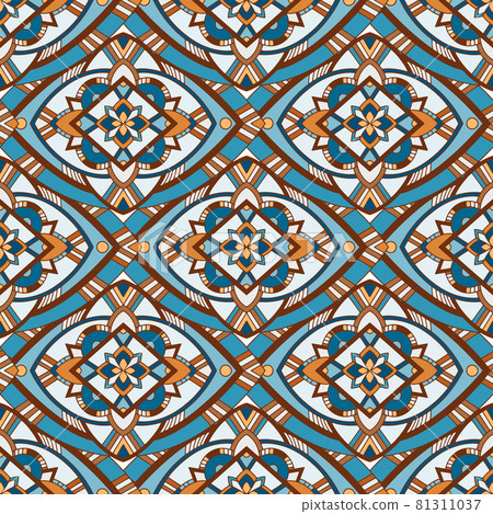 Ethnic Tribal Argyle Seamless Pattern. Traditional Boho Ikat Ornament of Doodle Rhombuses. Vector Abstract Mosaic Geometric Diamond Shapes Vector Colorful Background 81311037