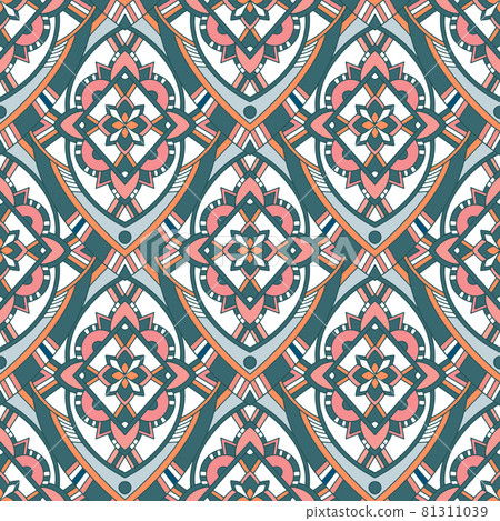 Ethnic Tribal Argyle Seamless Pattern. Traditional Boho Ikat Ornament of Doodle Rhombuses. Vector Abstract Mosaic Geometric Diamond Shapes Vector Colorful Background 81311039