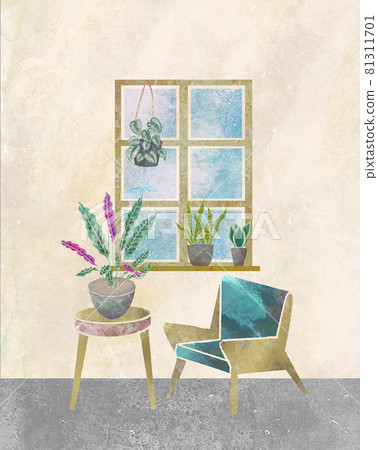 Image of foliage plants and interior watercolor illustration house 81311701