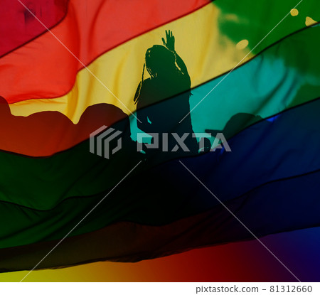 silhouette of a parade of gays and lesbians with a rainbow flag - symbol of love and tolerance - lgbt rights 81312660
