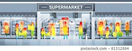 detecting elevated body temperature of people walking in supermarket checking by non-contact thermal ai camera stop coronavirus 81312884