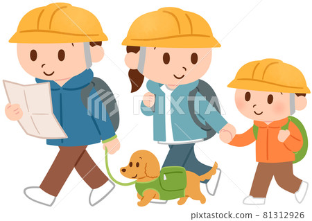 Family evacuating with a dog 81312926