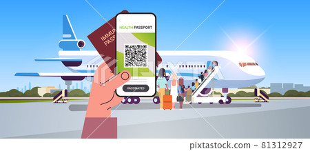 hand holding digital vaccinate certificate and global immunity passport near airplane coronavirus immunity 81312927
