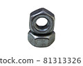 Close up pile of steel Hexagon Nuts or female nippers arranged isolated on white background. 81313326