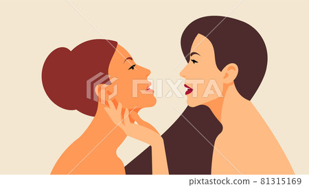 Two bright beautiful women. Ladies with brown hair, perfect skin. Beautiful, young women, side view. Head and shoulders. Close-up female portraits in modern vector style. Removed location. Two bright beautiful women. Ladies with brown hair, perfect skin. Beautiful, young women, side view. Head and shoulders. Close-up female portraits in modern vector style. Removed location. 81315169