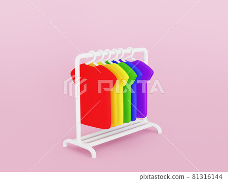 Clothing rack with rainbow color t-shirts. Shopping Sale LGBT Concept 3D Rendering Illustration. 81316144