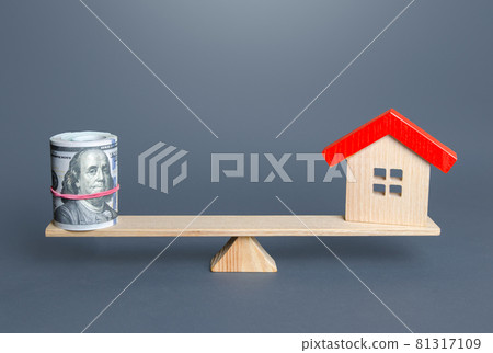 House and money balance on the scales. Buying and selling, fair price. Building maintenance. Property real estate valuation. Estimation of expenses for renovation and renovation. Appraiser services House and money balance on the scales. Buying and selling, fair price. Building maintenance. Property real estate valuation. Estimation of expenses for renovation and renovation. Appraiser services 81317109