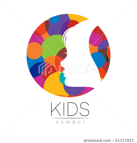 Child Girl Vector logotype in RainbowColor Circle. Silhouette profile human head. Concept logo for people, children, autism, kids, therapy, clinic, education. Template symbol design 81317853