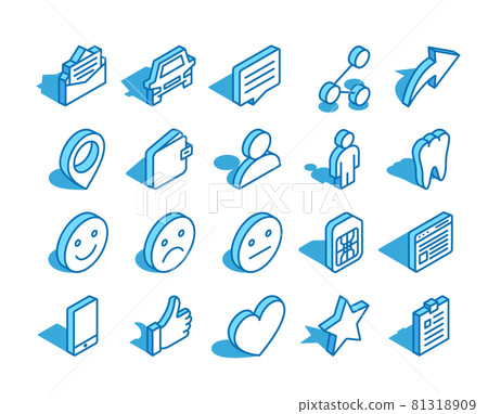 Set of web isometric icon. Thumb up, wallet, user, tooth, sim card and more. 3D line style symbol. 81318909