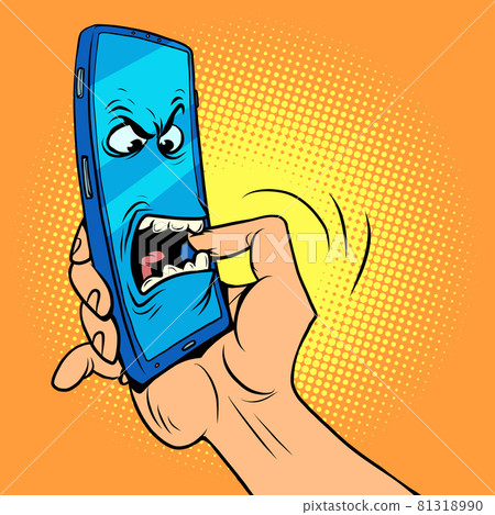 The smartphone character bites his hand. Dangerous mobile phones, information security and online addiction 81318990