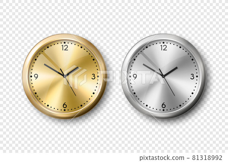 Vector 3d Realistic Yellow Golden and Grey Silver or Steel Wall Office Clock Icon Set Isolated. Metal Dial. Design Template of Wall Clock Closeup. Mock-up for Branding and Advertise. Top, Front View 81318992