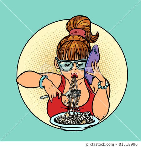 a woman eats spaghetti and talks on the phone, dinner or lunch in an Italian restaurant 81318996