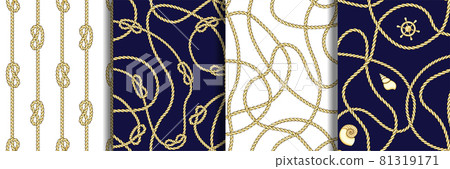 Ropes with Sea Knot and Shells Seamless Patterns Set. 81319171