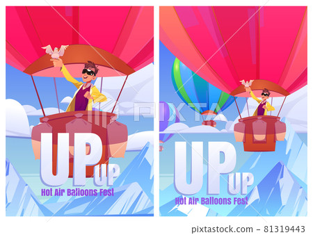 Hot air balloons fest cartoon posters. Excited man with dove on hand flying up of mountains in blue cloudy sky scenery landscape view, ballon festival , travel, aerial tourism, vector illustration Hot air balloons fest cartoon posters. Excited man with dove on hand flying up of mountains in blue cloudy sky scenery landscape view, ballon festival , travel, aerial tourism, vector illustration 81319443