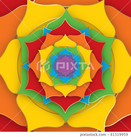 Sacred Lotus with the seven colors of the chakras for yoga, meditation and spa center. Set of mystical colorful petals, esoteric multicolors flower, vector Indian lotus background 81319959