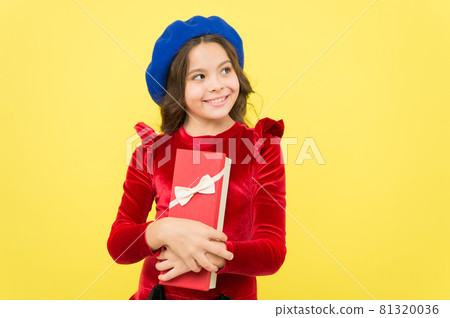happy kid hold present box on her birthday holiday celebration, childhood happiness happy kid hold present box on her birthday holiday celebration, childhood happiness 81320036