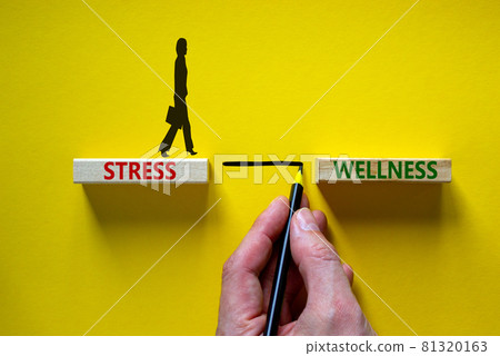Stress or wellness symbol. Wooden blocks with words 'Stress, wellness'. Yellow background. Businessman hand, businesswoman icon. Psychological, business and stress or wellness concept. Copy space. 81320163