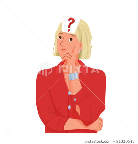 Thinking, question, doubt concept vector illustration. Young confused woman with large problem mark sticker on her forehead. Isolated on white background Thinking, question, doubt concept vector illustration. Young confused woman with large problem mark sticker on her forehead. Isolated on white background 81320513
