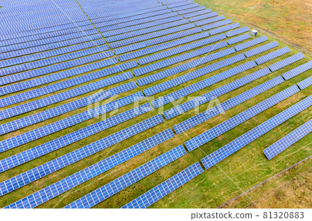 Aerial view of solar power plant on green field. Electric farm with panels for producing clean ecologic energy. 81320883