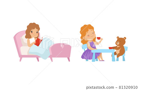 Obedient Girl with Good Breeding Playing with Teddy Bear and Reading Book in Bed Vector Set 81320910