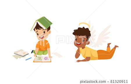 Naughty and Obedient Little Boy Drawing in Book with Felt Pen Vector Set 81320911