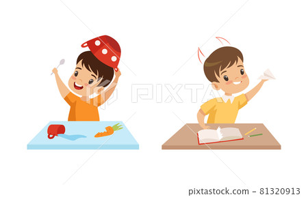 Naughty Little Boy Putting Bowl on His Head and Flying Paper Plane Vector Set Naughty Little Boy Putting Bowl on His Head and Flying Paper Plane Vector Set 81320913