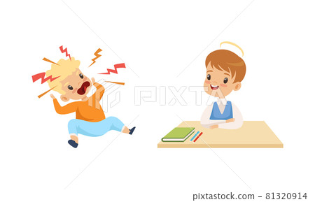 Naughty Angry Boy Shouting and Obedient Little Boy Sitting at School Desk Vector Set Naughty Angry Boy Shouting and Obedient Little Boy Sitting at School Desk Vector Set 81320914