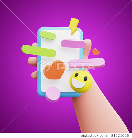 Cartoon character hand holding and using mobile phone. Messaging app with cute funny emoji, heart Cartoon character hand holding and using mobile phone. Messaging app with cute funny emoji, heart 81321096