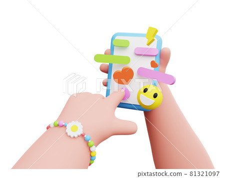Cartoon girl character hands holding and using mobile phone. Messaging app with cute funny emoji Cartoon girl character hands holding and using mobile phone. Messaging app with cute funny emoji 81321097
