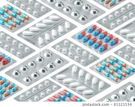 Isometric pattern made of diverse blister packs isolated on white Isometric pattern made of diverse blister packs isolated on white 81321534