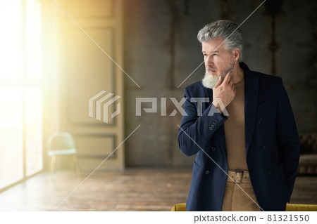 Stylish handsome grey haired middle aged man looking away, touching his beard while posing indoors 81321550