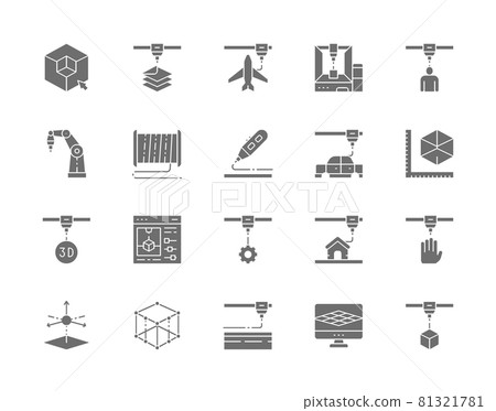 Set of 3D Printing Grey Icons. Industrial Printer, Plastic Thread Reels and more 81321781