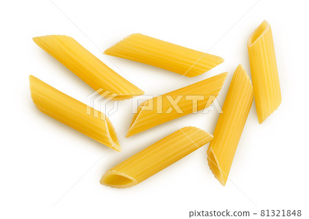 Raw italian penne rigate pasta isolated on white background with clipping path and full depth of field. Top view. Flat lay 81321848
