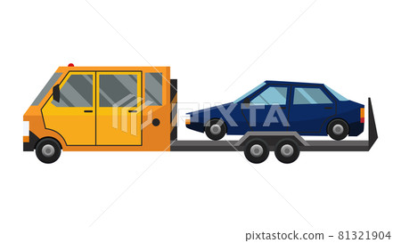 Tow truck. Flat faulty car loaded on a tow truck. Vehicle repair service which provides assistance damaged or salvaged cars 81321904