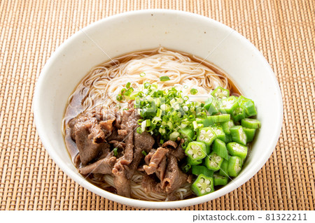 Bukkake somen with beef and okra. Bukkake somen with beef and okra. 81322211