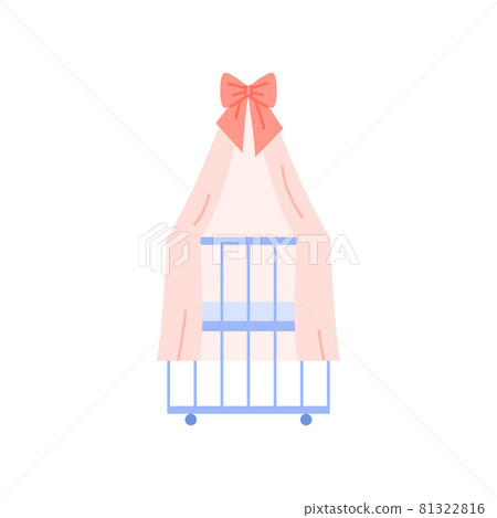 Crib isolated icon. Flat blue baby crib with pink canopy design. Newborn care color illustration. Crib isolated icon. Flat blue baby crib with pink canopy design. Newborn care color illustration. 81322816