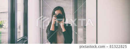 Selfie self-portrait in home mirror young woman taking self photo with slr camera panorama banner background. House lifestyle Selfie self-portrait in home mirror young woman taking self photo with slr camera panorama banner background. House lifestyle 81322825