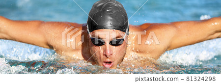 Man swimmer swimming butterfly strokes in pool Man swimmer swimming butterfly strokes in pool 81324298