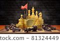 Bright chess with cannon and red victory flags on gold coins in dark brick background. Dark chess was defeated and destroyed, strewn across the chessboard. Concept business success. 81324449