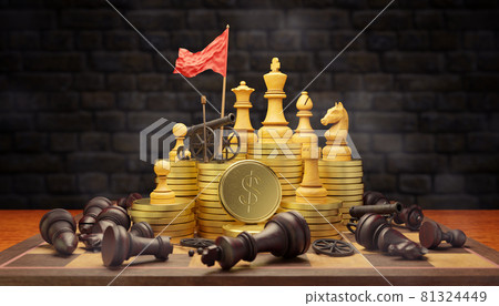 Bright chess with cannon and red victory flags on gold coins in dark brick background. Dark chess was defeated and destroyed, strewn across the chessboard. Concept business success. 81324449