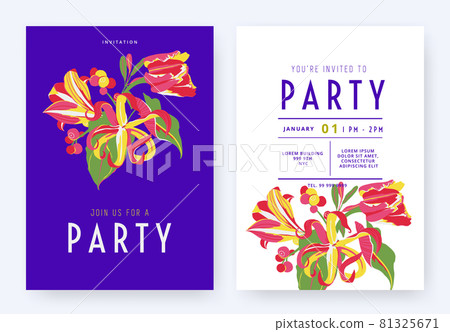 Floral party invitation card template design, colorful tulip, Amaryllis, Cananga odorata and leaves Floral party invitation card template design, colorful tulip, Amaryllis, Cananga odorata and leaves 81325671