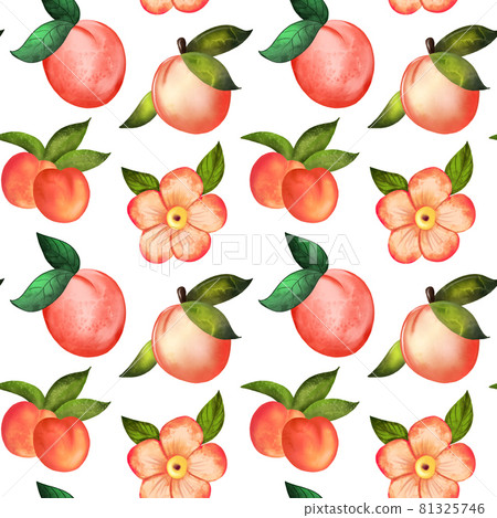 Illustration digital watercolor seamless pattern of peach and flowers on a white backgrounds Illustration digital watercolor seamless pattern of peach and flowers on a white backgrounds 81325746