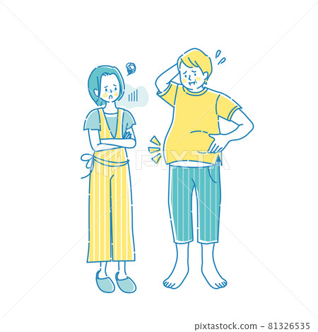 Happy fat man and troubled face woman Happy fat man and troubled face woman 81326535