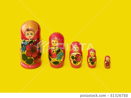 Matryoshka doll set in a row isolated. A symbol of the feminine side of Russian traditional and culture. Wooden doll toys. Crafts, painting and art. 81326788