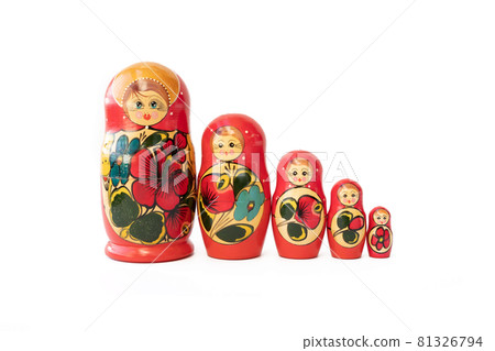 Matryoshka doll set in a row isolated. A symbol of the feminine side of Russian traditional and culture. Wooden doll toys. Crafts, painting and art. Matryoshka doll set in a row isolated. A symbol of the feminine side of Russian traditional and culture. Wooden doll toys. Crafts, painting and art. 81326794