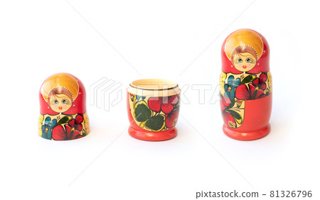 Matryoshka doll set in a row isolated. A symbol of the feminine side of Russian traditional and culture. Wooden doll toys. Crafts, painting and art. Matryoshka doll set in a row isolated. A symbol of the feminine side of Russian traditional and culture. Wooden doll toys. Crafts, painting and art. 81326796