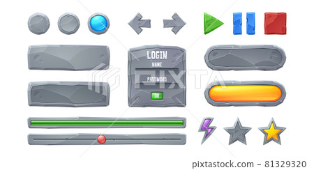 Set progress bars and game buttons ui or gui design elements. Cartoon interface of stone texture. Menu boards, user setting panel with slider, stop, pause and arrows, flash or star keys, Vector icons Set progress bars and game buttons ui or gui design elements. Cartoon interface of stone texture. Menu boards, user setting panel with slider, stop, pause and arrows, flash or star keys, Vector icons 81329320