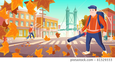 Urban sanitary service works. Janitors street cleaners sweeping dust and blowing out fallen leaves on cityscape background. Men with blower and broom cleanup autumn city, cartoon Vector illustration Urban sanitary service works. Janitors street cleaners sweeping dust and blowing out fallen leaves on cityscape background. Men with blower and broom cleanup autumn city, cartoon Vector illustration 81329333