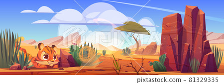 Funny tiger cub playing with tumbleweed in African desert natural landscape. Wild baby predator lifestyle in hot dry deserted nature of Africa with cacti and rocks under blue sky, cartoon illustration 81329335