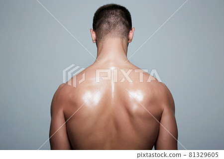 bodybuilder back. Naked body muscular Man 81329605